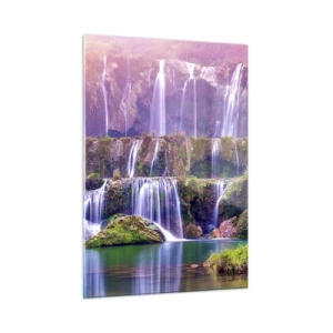 Glasbild - Bild auf glas - Malerische Wasserfälle, die bei Sonnenuntergang die grünen Felsen hinabfließen - 50x70cm - Treppe zum Himmel - Moderne Wanddekoration für Wohnzimmer und Schlafzimmer ARTTOR