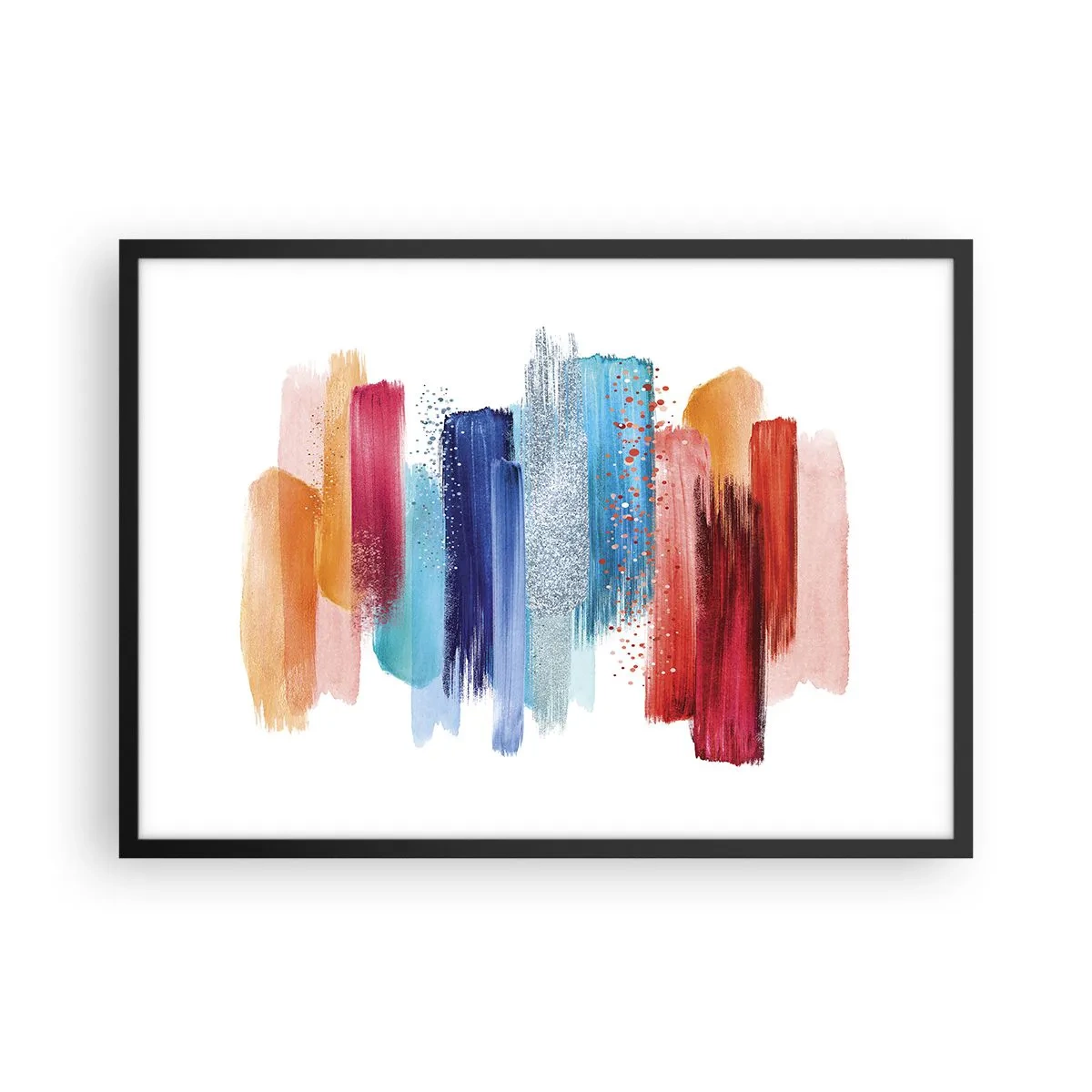 Poster in einem schwarzem Rahmen - Bunte Pinselstriche auf weißem Hintergrund - 70x50cm - Auf und ab - Moderne Wanddekoration für Wohnzimmer und Schlafzimmer ARTTOR