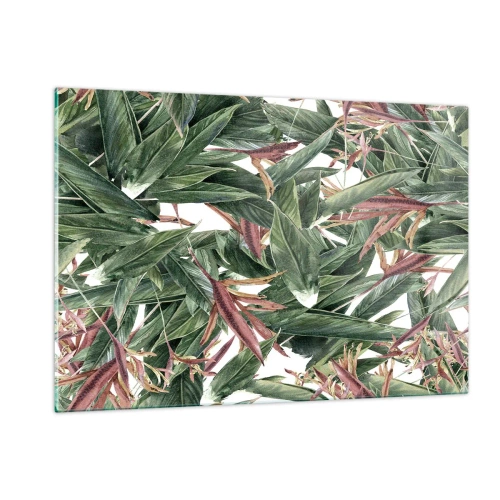Glasbild - Bild auf glas - Blätter in Grün- und Burgundertönen auf hellem Hintergrund - 120x80cm - Smaragd-lila Dickicht - Moderne Wanddekoration für Wohnzimmer und Schlafzimmer ARTTOR