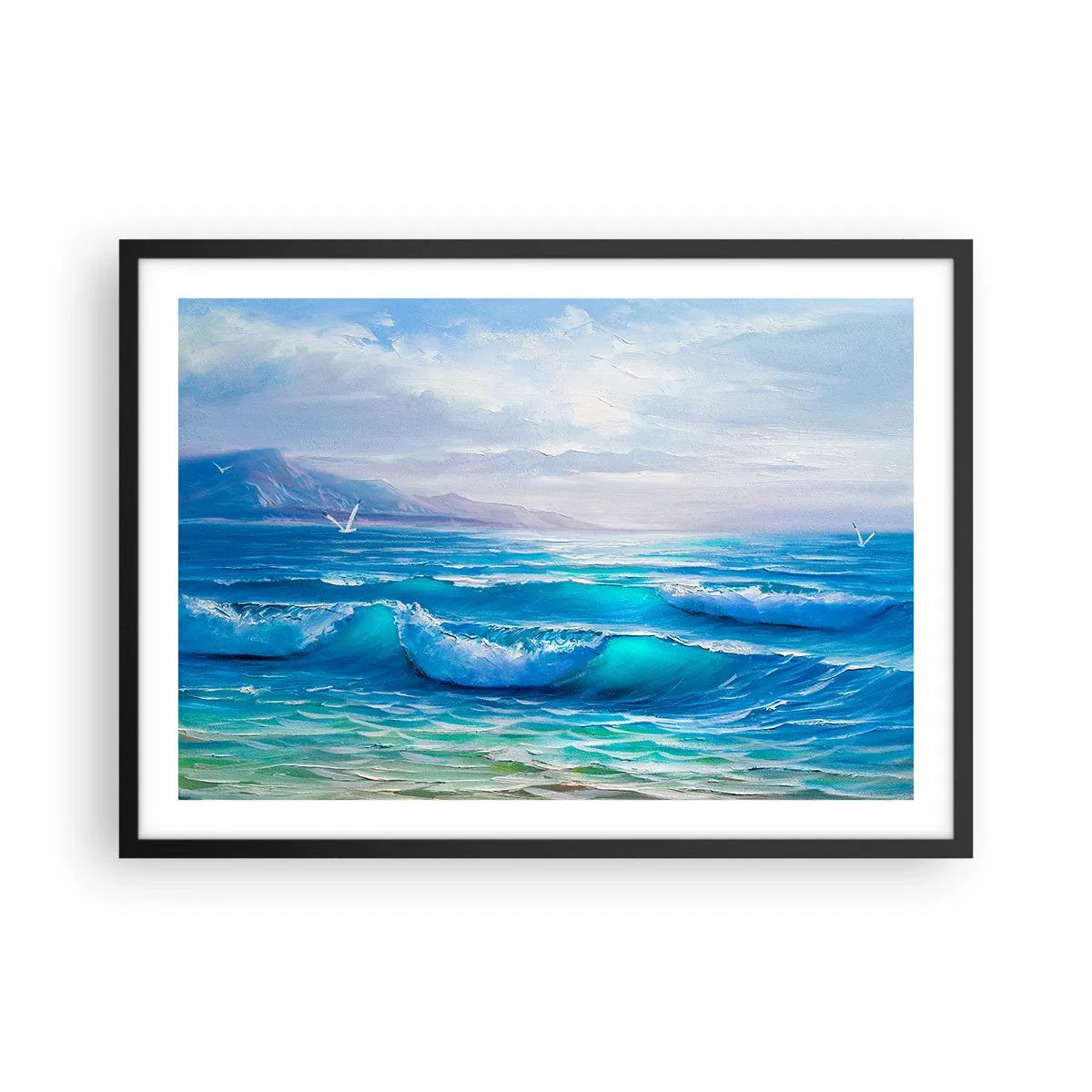 Poster in einem schwarzem Rahmen - Eine malerische Meereslandschaft mit Wellen und blauem Himmel - 70x50cm - Es bringt Erleichterung - Moderne Wanddekoration für Wohnzimmer und Schlafzimmer ARTTOR