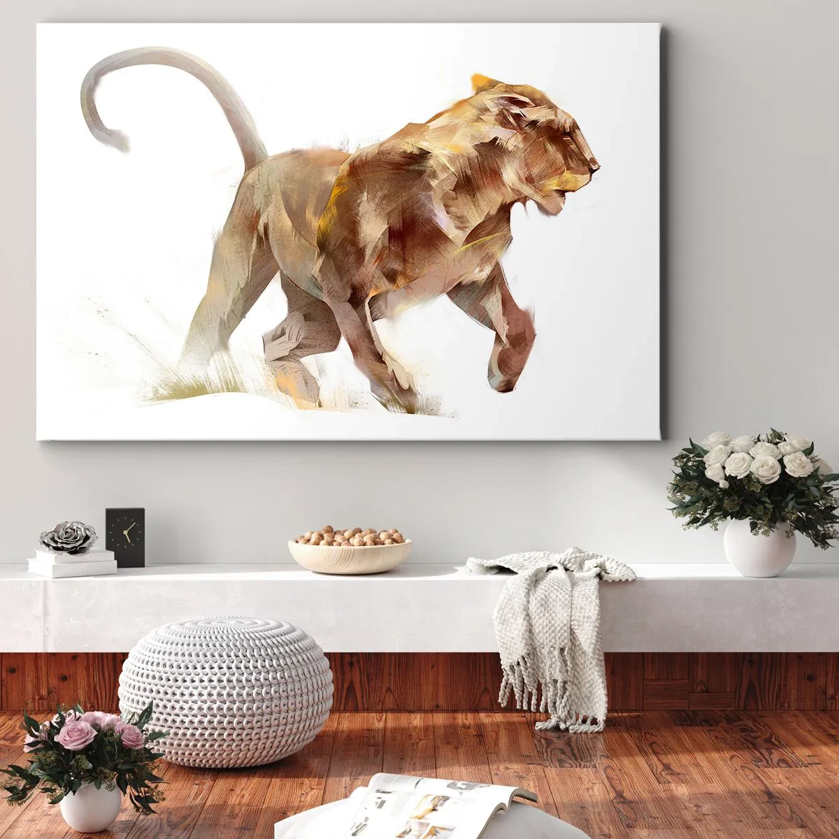 Bild auf Leinwand - Leinwandbild - Eine laufende Löwin in einer künstlerischen Interpretation - 70x50cm - Wilde Anmut - Moderne Wanddekoration für Wohnzimmer und Schlafzimmer ARTTOR