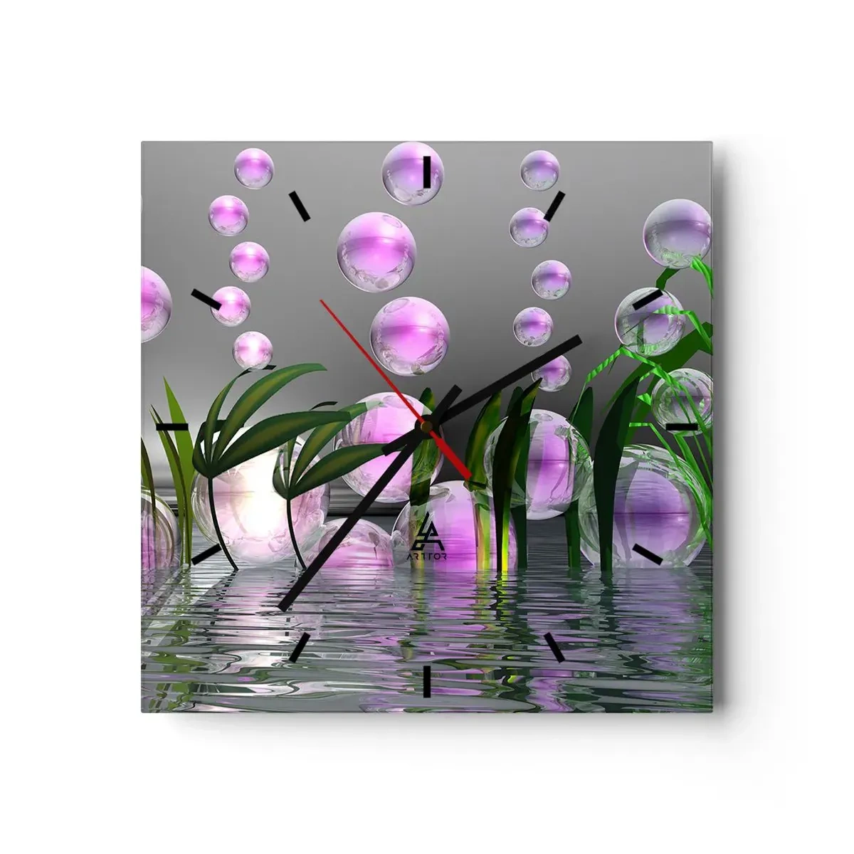 Wanduhr - Glasuhr - Grüne Blätter und rosa Blasen über dem Wasser auf grauem Hintergrund - 30x30cm - Eine reflektierende Komposition aus Leichtigkeit und Leben - Moderne Wanddekoration für Wohnzimmer und Schlafzimmer ARTTOR