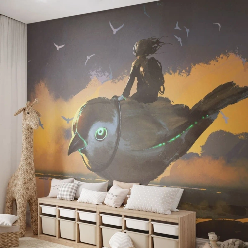 Fototapete Premium Canvas - Ein Stopp auf einer fantastischen Reise - Abstraktion, Vogel, Fantasie - 250x175 cm