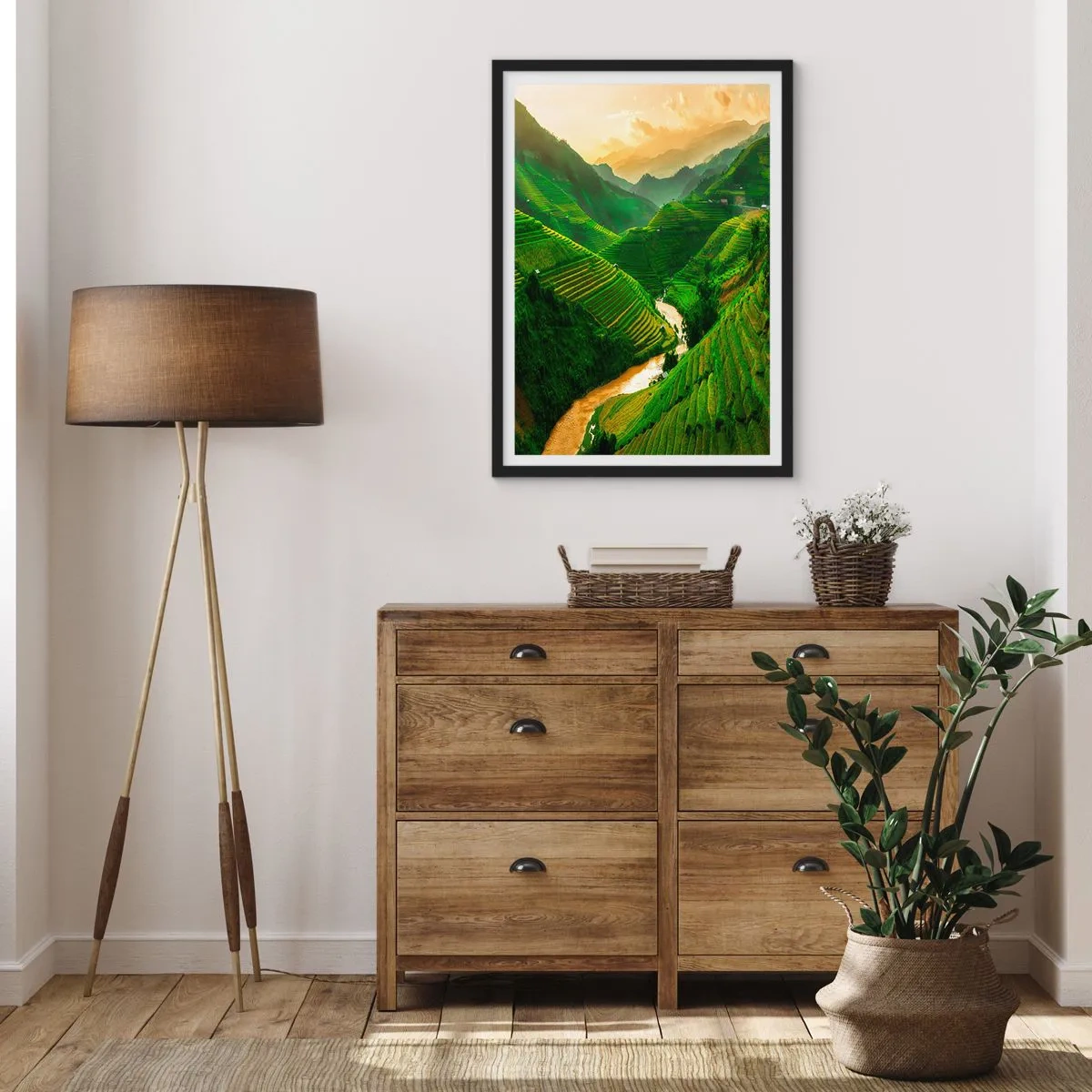 Poster in einem schwarzem Rahmen - Malerische Reisterrassen in einem grünen Tal - 50x70cm - Vietnamesisches Tal - Moderne Wanddekoration für Wohnzimmer und Schlafzimmer ARTTOR