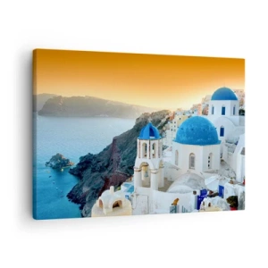 Bild auf Leinwand - Leinwandbild - Blick auf Santorini mit weißen Gebäuden und blauem Meer - 70x50cm - Santorini - an die Felsen gekuschelt - Moderne Wanddekoration für Wohnzimmer und Schlafzimmer ARTTOR