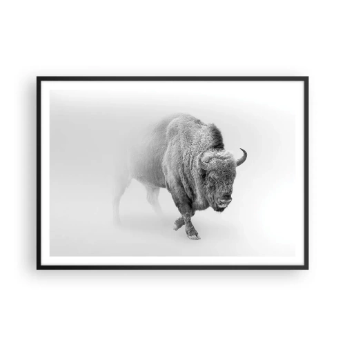 Poster in einem schwarzem Rahmen - Weißer Bison in minimalistischem Ambiente - 100x70cm - König der Prärie - Moderne Wanddekoration für Wohnzimmer und Schlafzimmer ARTTOR