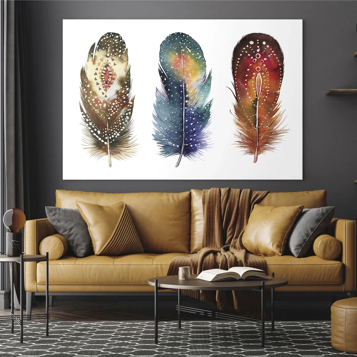 Glasbild - Bild auf glas - Drei bunte Federn mit ethnischen Mustern - 70x50cm - Rituale, Zeremonien, Geheimnisse - Moderne Wanddekoration für Wohnzimmer und Schlafzimmer ARTTOR