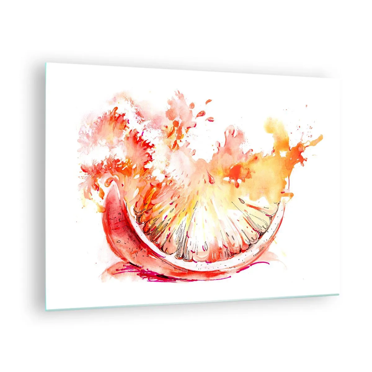 Glasbild - Bild auf glas - Aquarellmalerei eines saftigen Grapefruitsegments in Bewegung - 70x50cm - Saftige Erfrischung - Moderne Wanddekoration für Wohnzimmer und Schlafzimmer ARTTOR