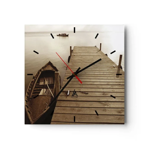 Wanduhr - Glasuhr - Holzsteg und Boot auf einem ruhigen See - 30x30cm - Großer Frieden - Moderne Wanddekoration für Wohnzimmer und Schlafzimmer ARTTOR