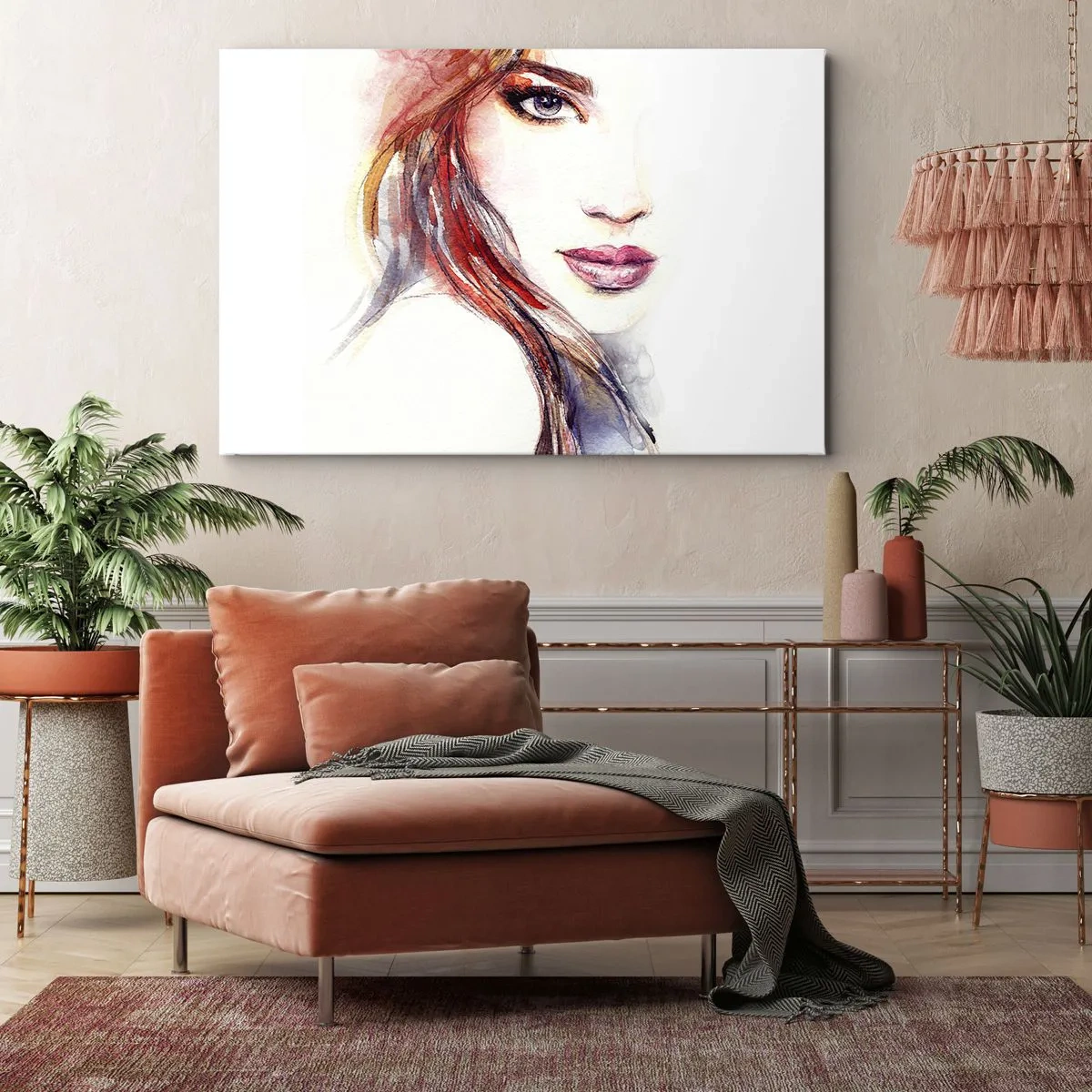 Bild auf Leinwand - Leinwandbild - Ein subtiles Aquarell eines Frauengesichts mit ausdrucksstarkem Blick. - 100x70cm - Vademecum - folge mir - Moderne Wanddekoration für Wohnzimmer und Schlafzimmer ARTTOR