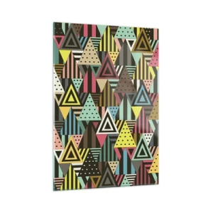 Glasbild - Bild auf glas - Eine abstrakte Komposition mit Dreiecken in intensiven Farben. - 50x70cm - Im Rhythmus auf drei - Moderne Wanddekoration für Wohnzimmer und Schlafzimmer ARTTOR