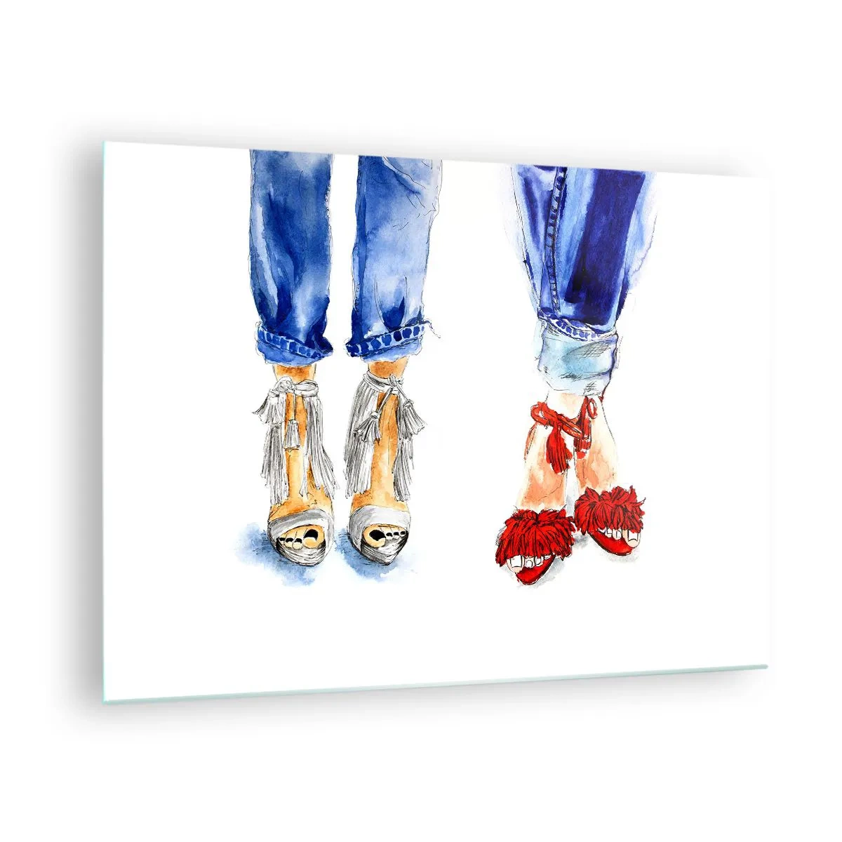 Glasbild - Bild auf glas - Zwei stylische Schuhe vor dem Hintergrund von Jeans - 70x50cm - Vielleicht gehen wir spazieren? - Moderne Wanddekoration für Wohnzimmer und Schlafzimmer ARTTOR