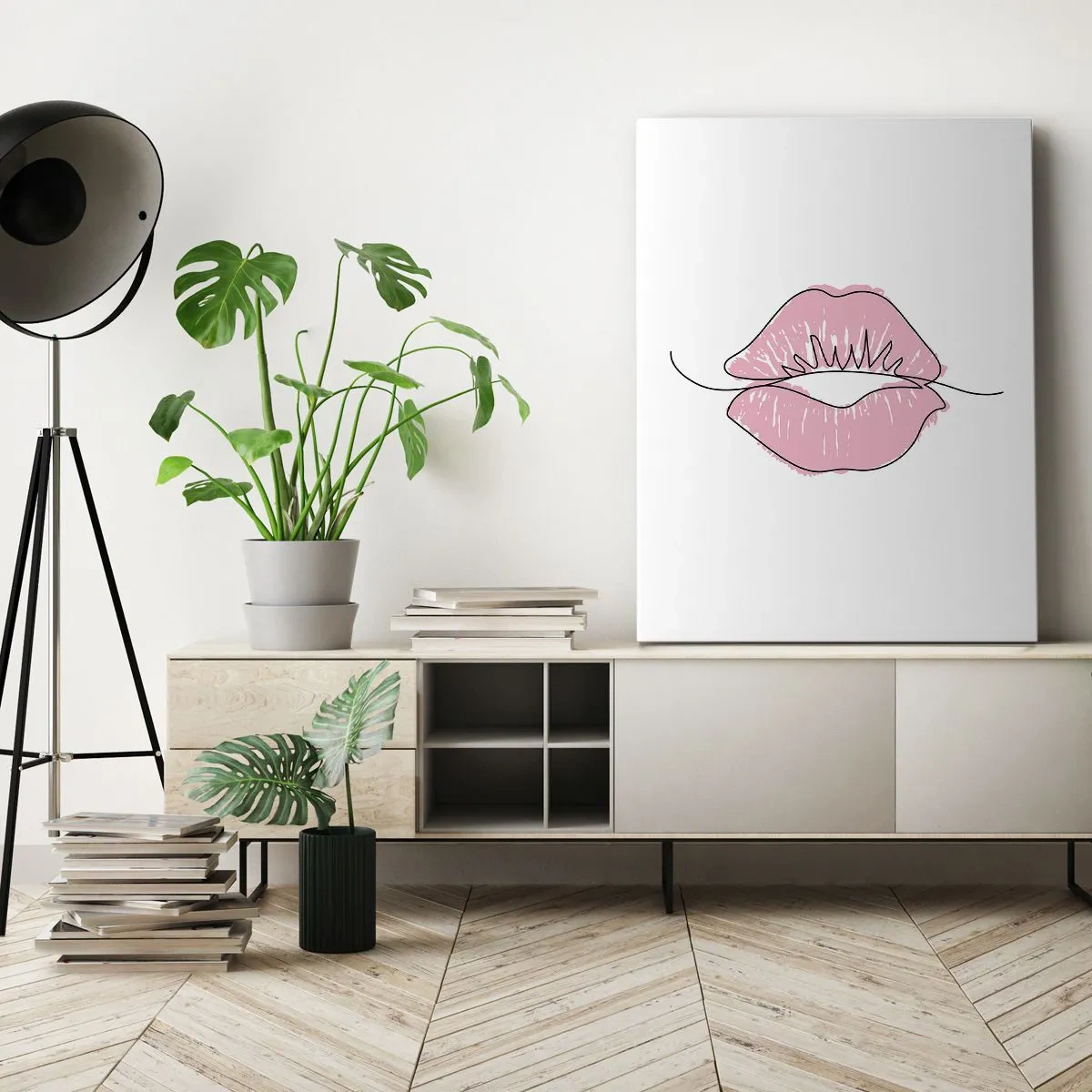 Bild auf Leinwand - Leinwandbild - Minimalistische Lippenzeichnung in einem Rosaton - 50x70cm - Bereit zum Küssen? - Moderne Wanddekoration für Wohnzimmer und Schlafzimmer ARTTOR