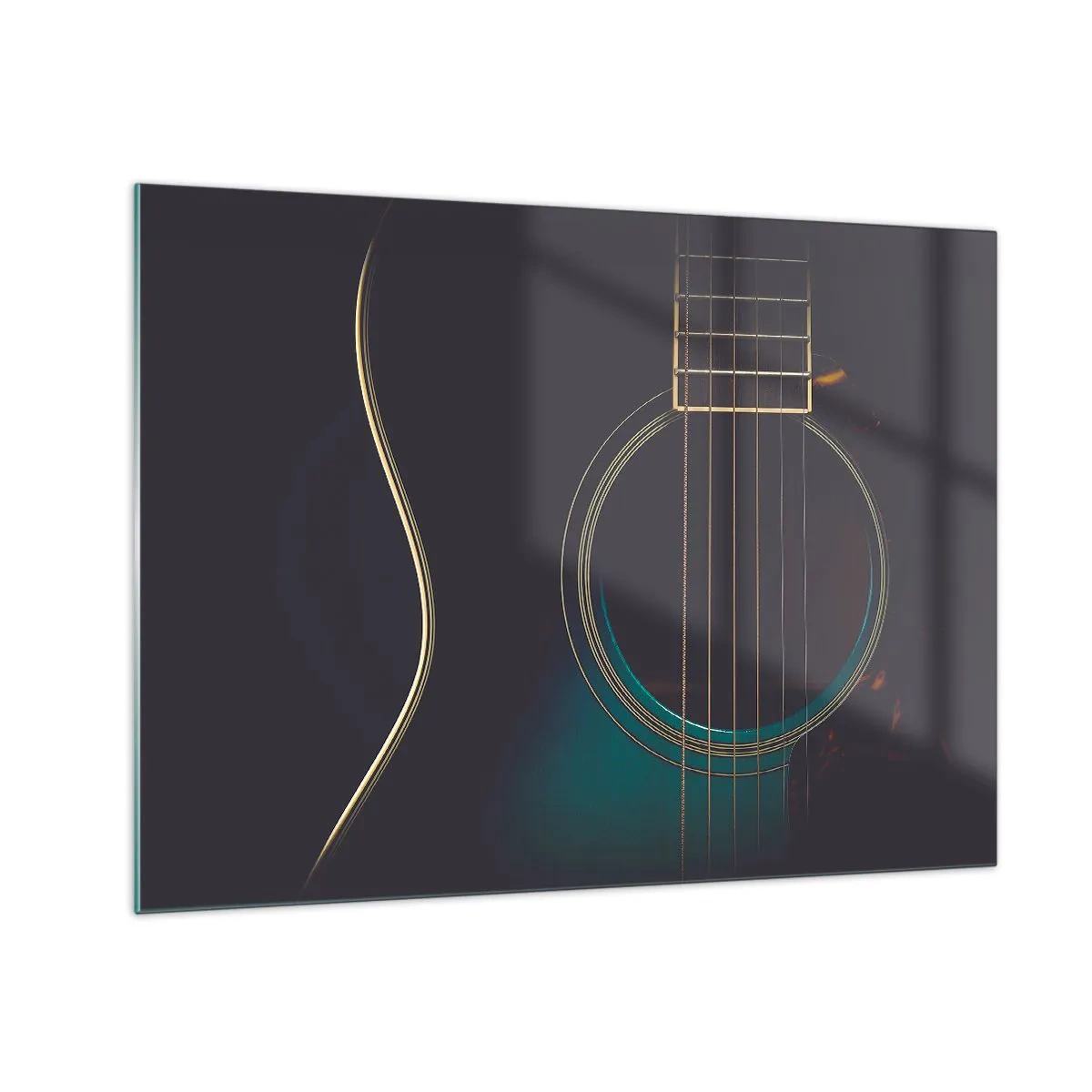 Glasbild - Bild auf glas - Nahaufnahme einer schwarzen Akustikgitarre mit Saitendetails - 70x50cm - Einen Moment bevor es ertönt - Moderne Wanddekoration für Wohnzimmer und Schlafzimmer ARTTOR