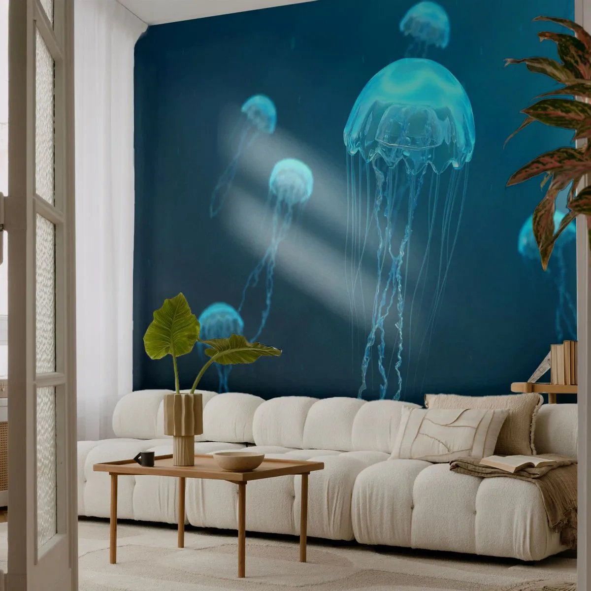 Fototapete Premium Sand - Blaue Quallen schwimmen im Wasser in den Tiefen des Ozeans - 100x70cm - Ozeantanz - Moderne Wanddekoration für Wohnzimmer und Schlafzimmer ARTTOR