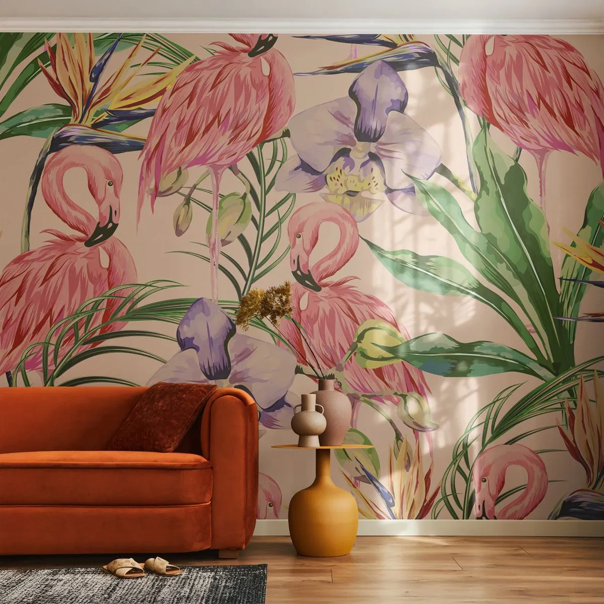 Selbstklebende Fototapete Deluxe Sticker - Rosa Ballett in Blumen - Vogel, Flamingo, Dschungel - 250x175 cm