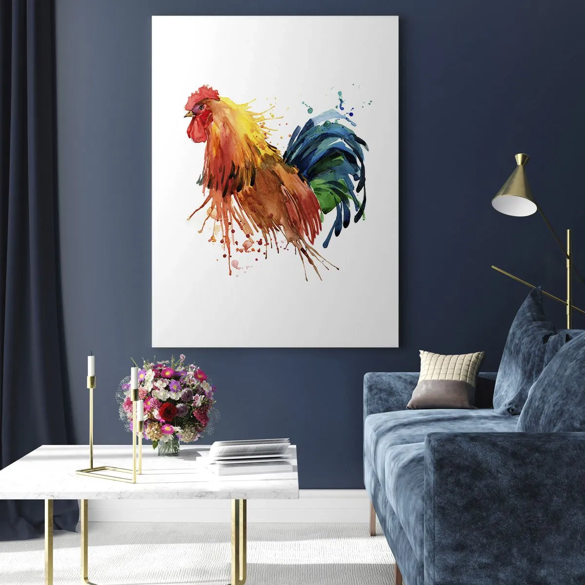 Glasbild - Bild auf glas - Bunter Hahn im Aquarellstil - 80x120cm - Königliches Gewand, königlicher Stolz - Moderne Wanddekoration für Wohnzimmer und Schlafzimmer ARTTOR