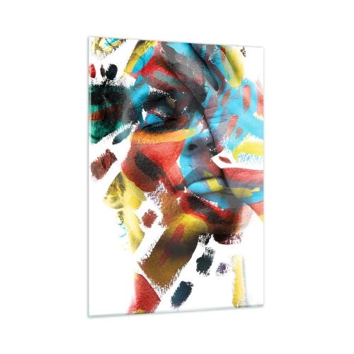 Glasbild - Bild auf glas - Portrait mit abstrakten, farbigen Akzenten im Gesicht - 50x70cm - Eine bunte Persönlichkeit - Moderne Wanddekoration für Wohnzimmer und Schlafzimmer ARTTOR