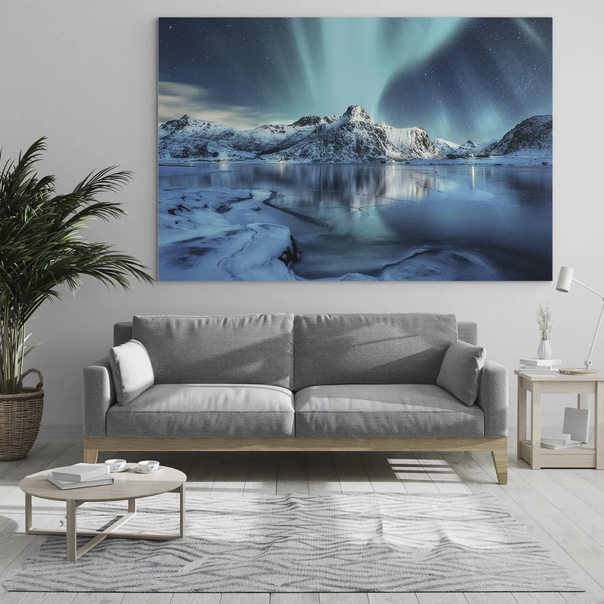 Glasbild - Bild auf glas - Aurora Borealis über den schneebedeckten Bergen - 100x70cm - Lichtnacht - Moderne Wanddekoration für Wohnzimmer und Schlafzimmer ARTTOR