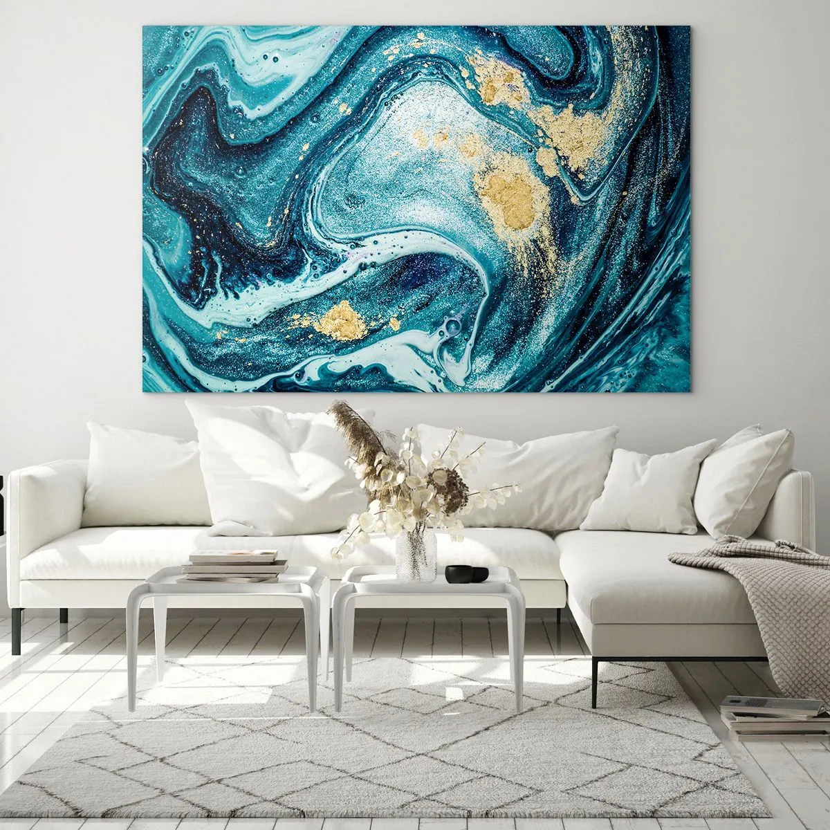 Glasbild - Bild auf glas - Abstrakte Wirbel in Türkis- und Goldtönen - 100x70cm - Blauer Wirbel - Moderne Wanddekoration für Wohnzimmer und Schlafzimmer ARTTOR