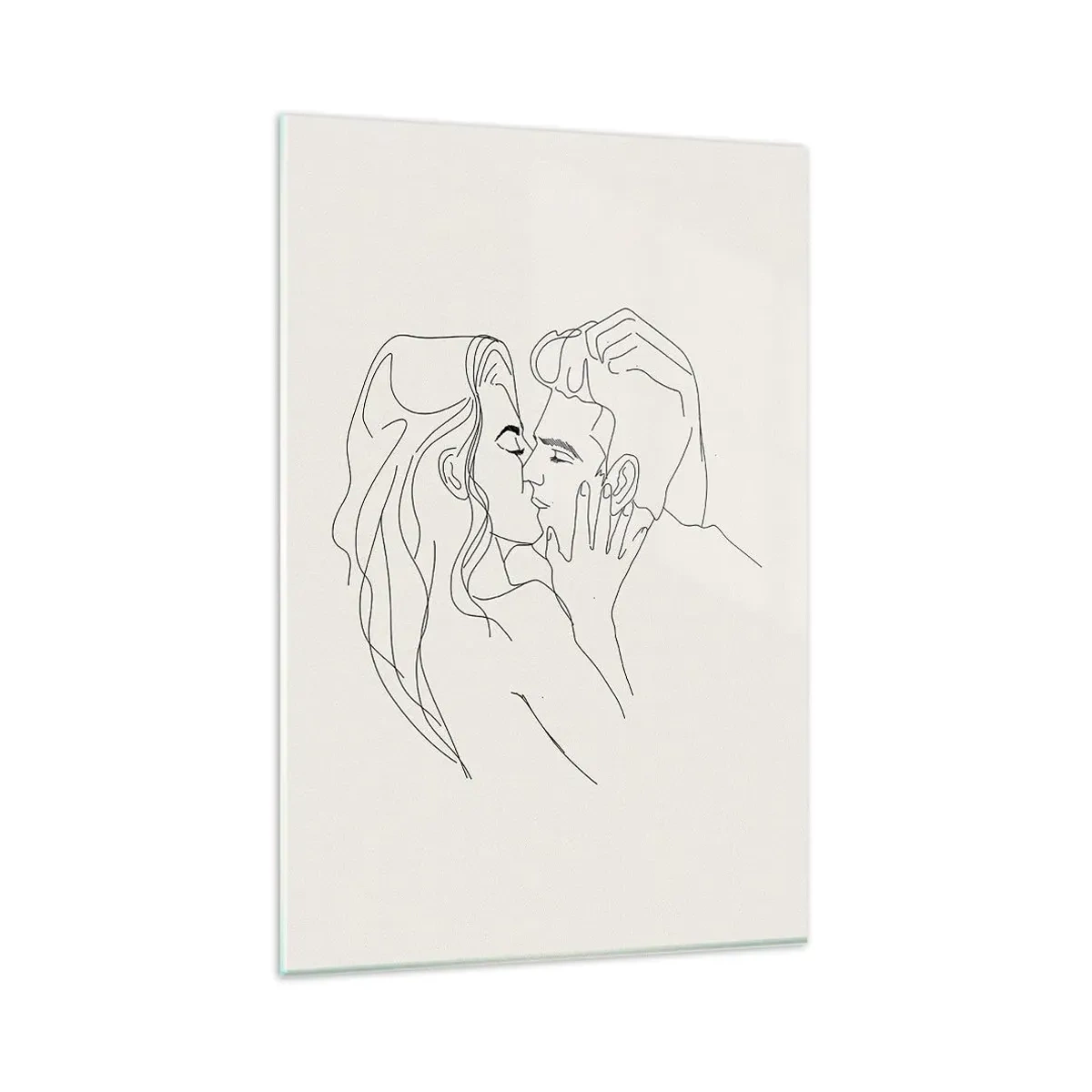 Glasbild - Bild auf glas - Eine minimalistische Illustration eines Paares in einer liebevollen Umarmung - 80x120cm - Verstrickt im Gefühl - Moderne Wanddekoration für Wohnzimmer und Schlafzimmer ARTTOR