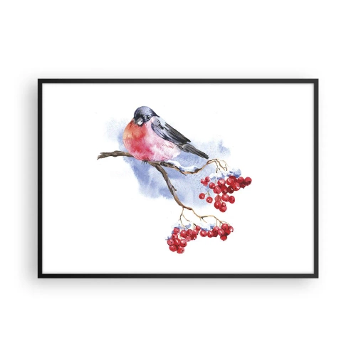 Poster in einem schwarzem Rahmen - Vogel auf einem Zweig mit roten Früchten im Aquarellhintergrund - 100x70cm - Winter in Farbe - Moderne Wanddekoration für Wohnzimmer und Schlafzimmer ARTTOR