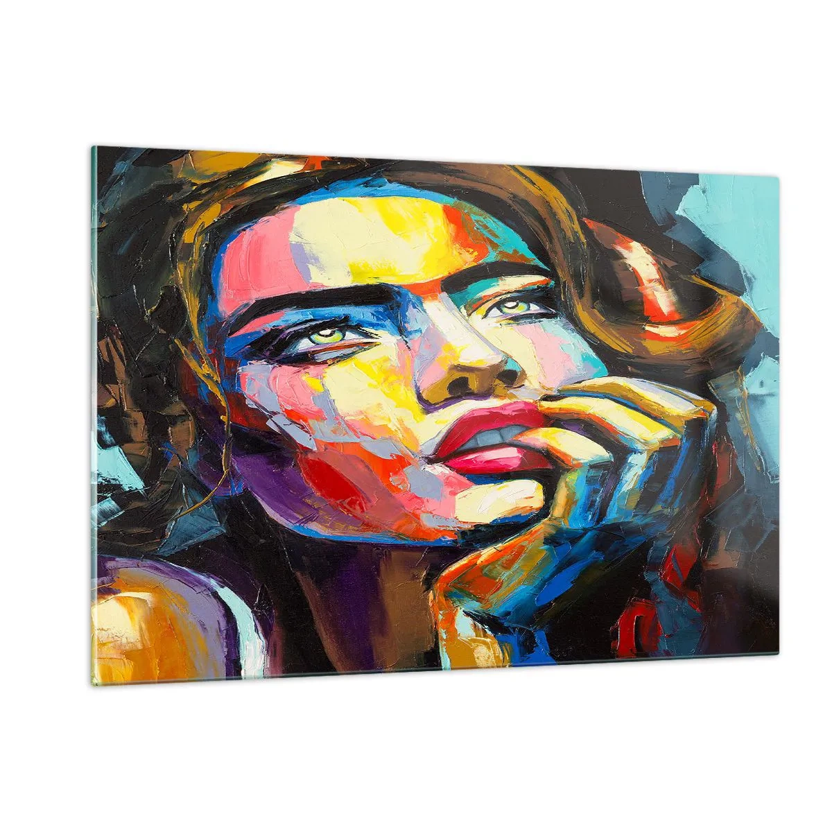 Glasbild - Bild auf glas - Porträt einer Frau in intensiven abstrakten Farben - 120x80cm - Träume fliegen am Himmel wie Vögel - Moderne Wanddekoration für Wohnzimmer und Schlafzimmer ARTTOR