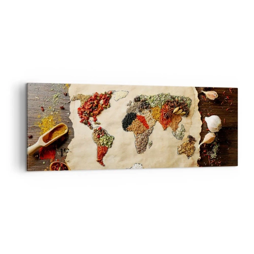 Bild auf Leinwand - Leinwandbild - Eine Weltkarte aus Gewürzen auf einem hölzernen Hintergrund. - 140x50cm - Alle Aromen der Welt - Moderne Wanddekoration für Wohnzimmer und Schlafzimmer ARTTOR