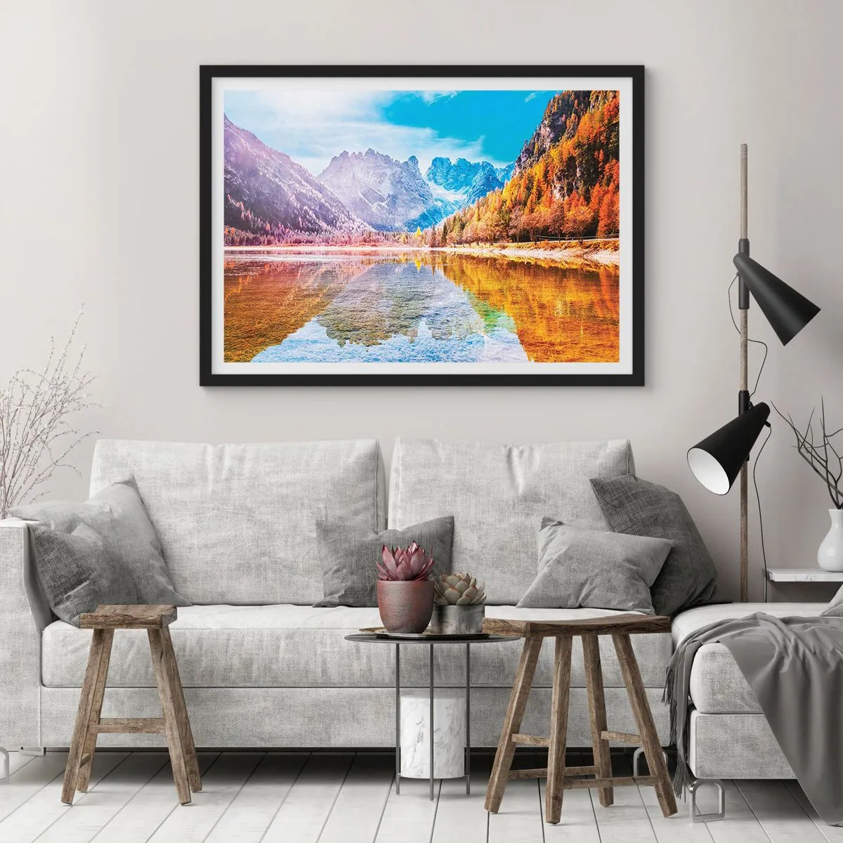 Poster in einem schwarzem Rahmen - Herbstliche Berglandschaft mit See - 70x50cm - Und in den Bergen ist es schon Herbst - Moderne Wanddekoration für Wohnzimmer und Schlafzimmer ARTTOR