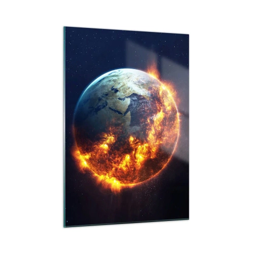 Glasbild - Bild auf glas - Erde im Weltraum von Flammen umgeben - 50x70cm - Die Flamme der Apokalypse - Moderne Wanddekoration für Wohnzimmer und Schlafzimmer ARTTOR