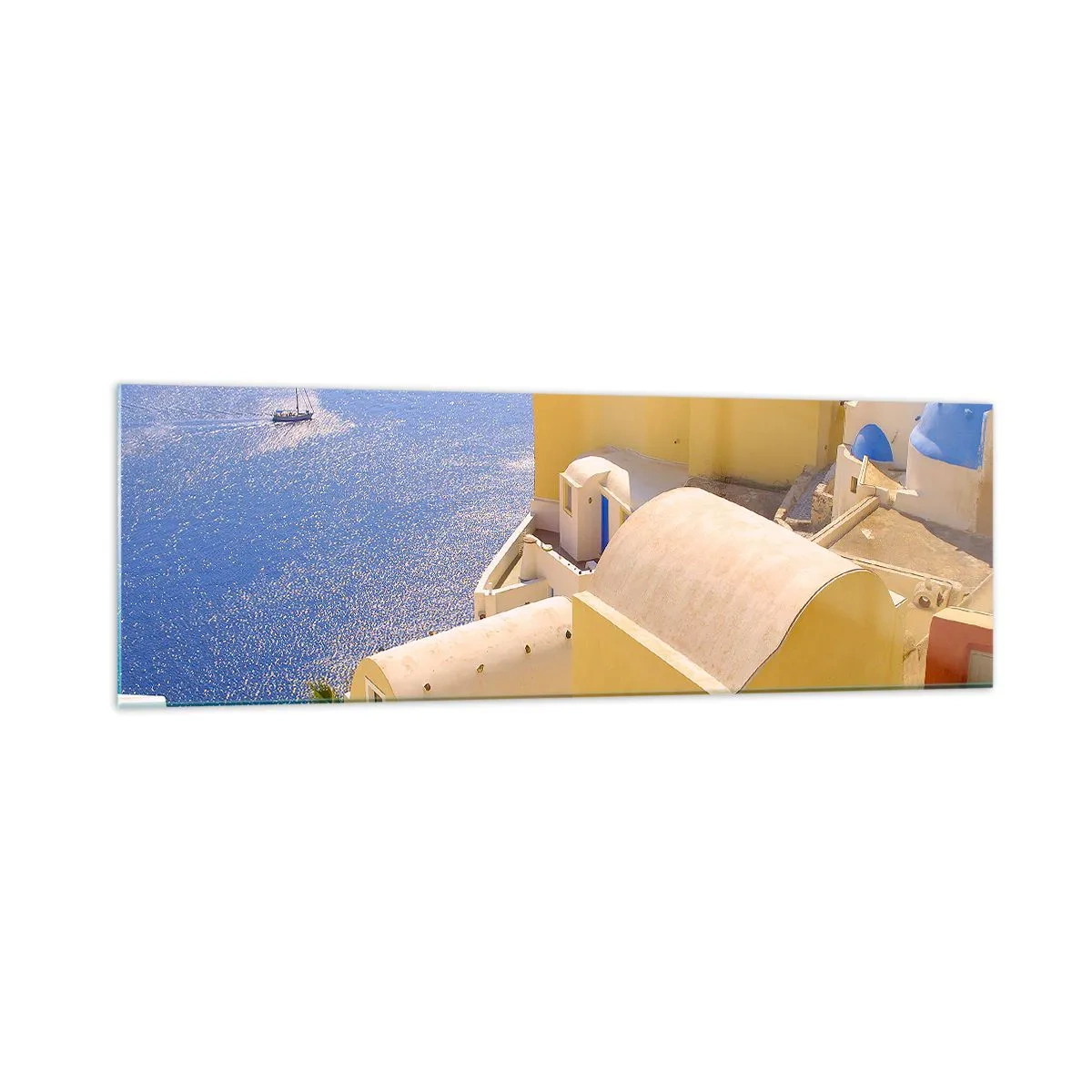 Glasbild - Bild auf glas - Griechische Architektur mit Meerblick und einem Boot im Hintergrund - 160x50cm - Griechische Landschaft in Weiß und Blau - Moderne Wanddekoration für Wohnzimmer und Schlafzimmer ARTTOR