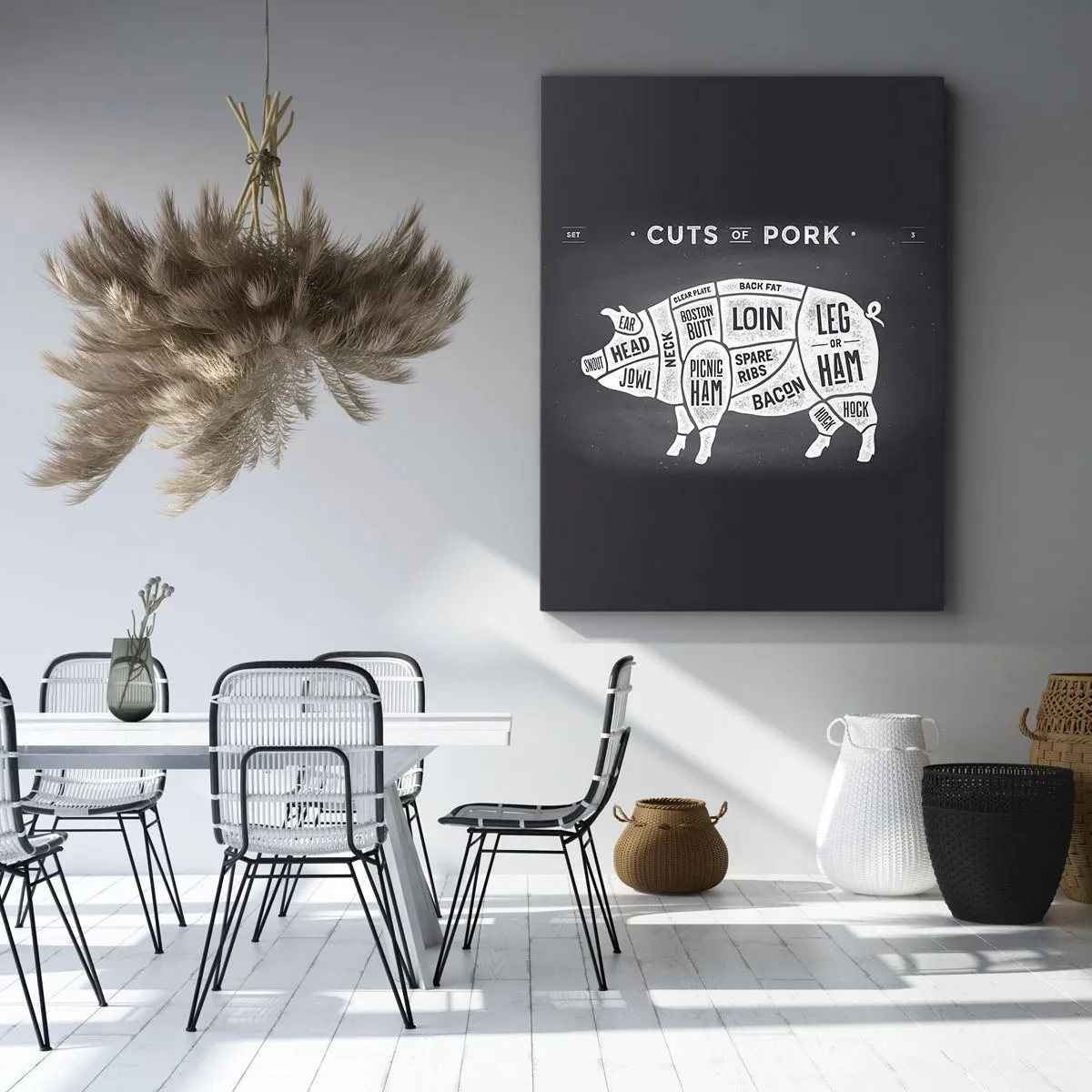 Bild auf Leinwand - Leinwandbild - Diagramm von Schweinefleischstücken auf schwarzem Hintergrund - 50x70cm - Metzger Grundierung - Moderne Wanddekoration für Wohnzimmer und Schlafzimmer ARTTOR