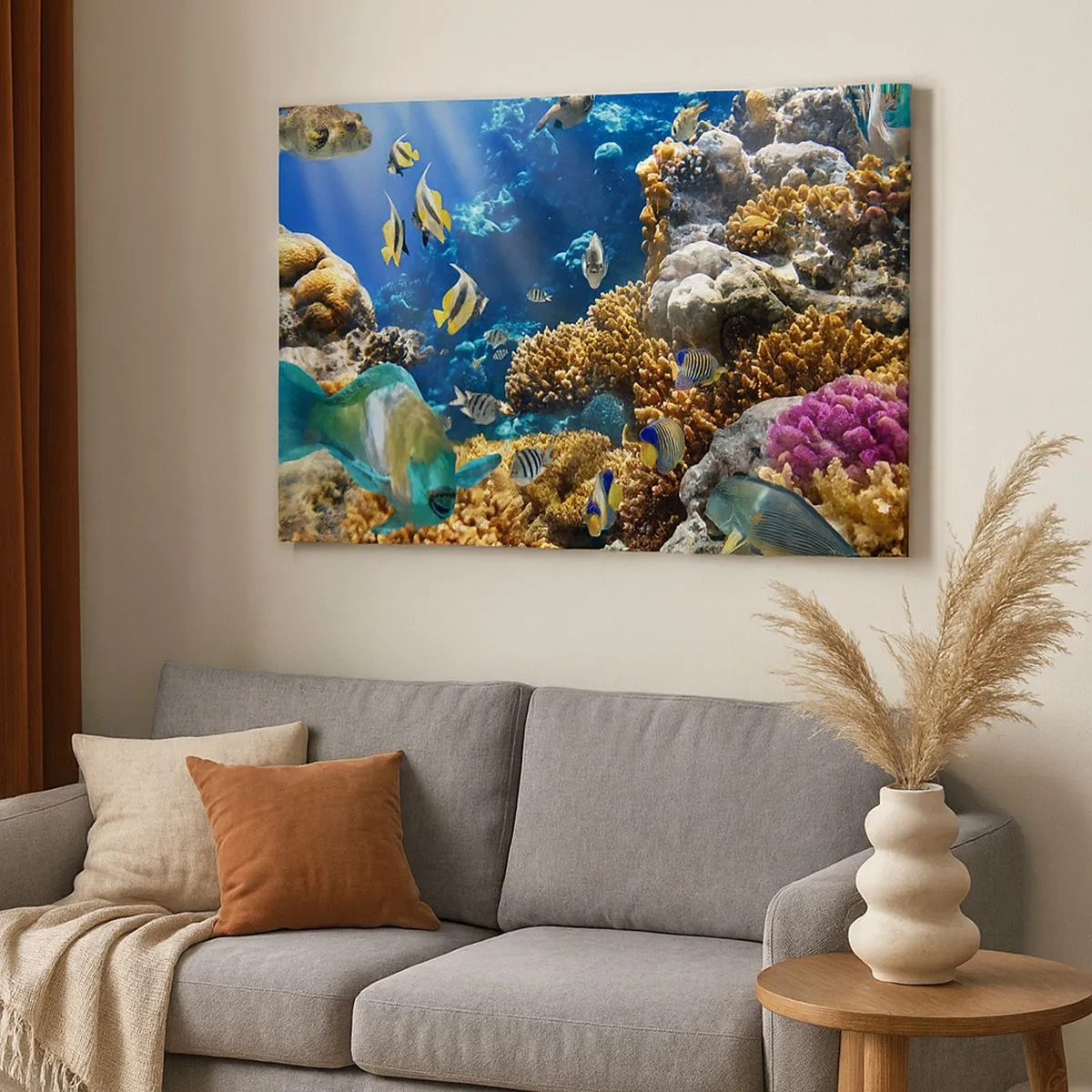 Bild auf Leinwand - Leinwandbild - Ein farbenfrohes Korallenriff mit tropischen Fischen in den Tiefen des Ozeans. - 70x50cm - Viel Verkehr auf dem Ferienweg - Moderne Wanddekoration für Wohnzimmer und Schlafzimmer ARTTOR