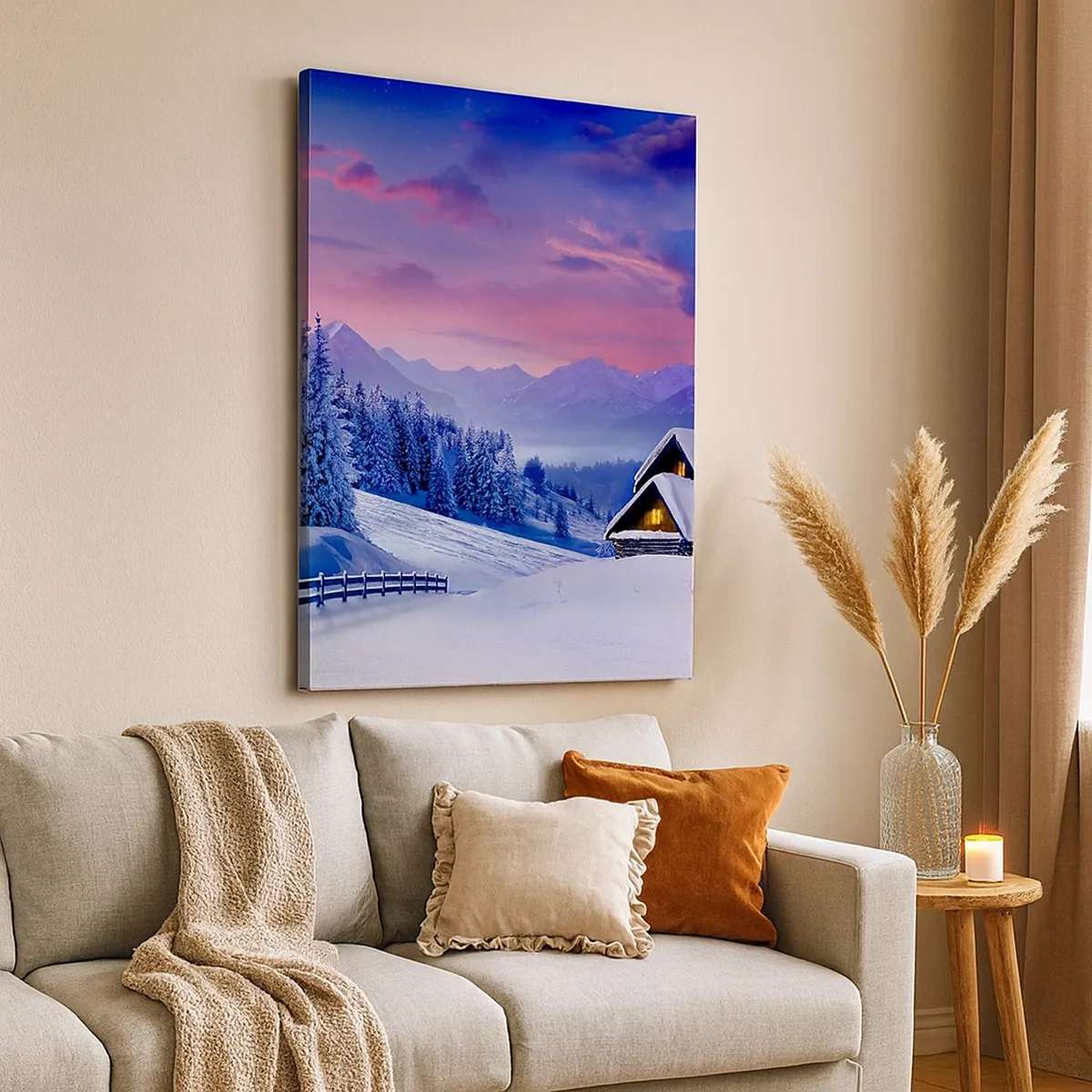 Bild auf Leinwand - Leinwandbild - Winterlandschaft mit Berghütten bei Sonnenuntergang - 50x70cm - Stille Nacht - Moderne Wanddekoration für Wohnzimmer und Schlafzimmer ARTTOR