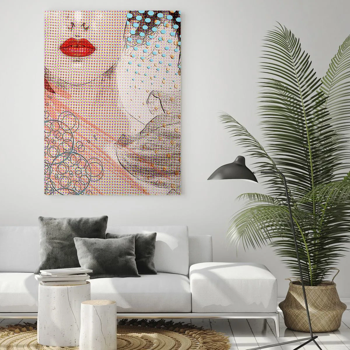 Glasbild - Bild auf glas - Abstraktes Kunstwerk mit Mund- und Orchideenmotiv - 80x120cm - Comic-Heldin - Moderne Wanddekoration für Wohnzimmer und Schlafzimmer ARTTOR