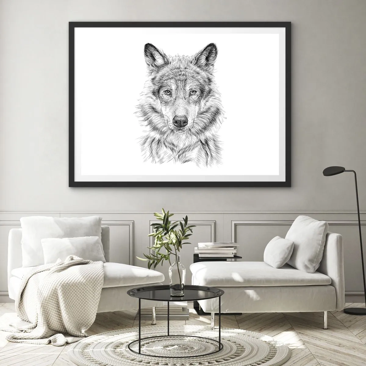 Poster in einem schwarzem Rahmen - Skizze eines Wolfskopfes im monochromen Stil auf weißem Hintergrund - 70x50cm - Ein geborener Anführer - Moderne Wanddekoration für Wohnzimmer und Schlafzimmer ARTTOR