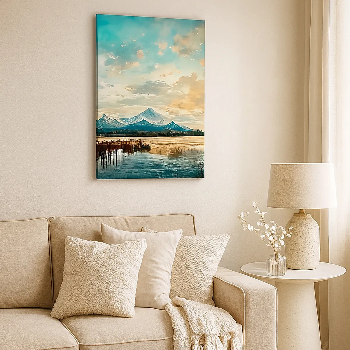 Bild auf Leinwand - Leinwandbild - Eine malerische Landschaft mit einem Berg und einem ruhigen See - 50x70cm - Unter dem Schutz des Himmels - Moderne Wanddekoration für Wohnzimmer und Schlafzimmer ARTTOR