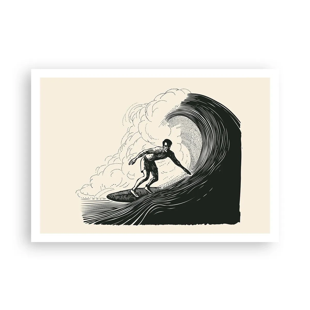 Poster - Schwarz-Weiß-Grafik eines Surfers, der auf einer Welle reitet - 100x70cm - König der Welle - Moderne Wanddekoration für Wohnzimmer und Schlafzimmer ARTTOR