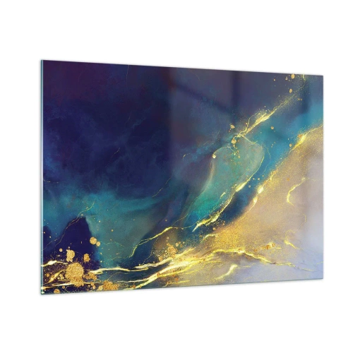 Glasbild - Bild auf glas - Eine abstrakte Komposition in den Farbtönen Marineblau, Türkis und Gold - 100x70cm - Der goldene Teich - Moderne Wanddekoration für Wohnzimmer und Schlafzimmer ARTTOR