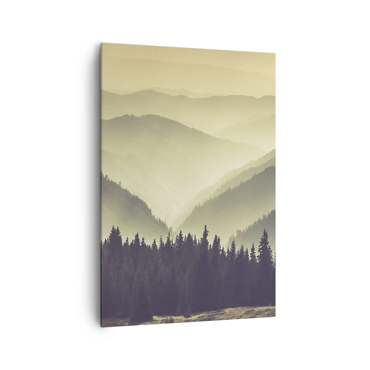 Bild auf Leinwand - Leinwandbild - Malerische Bergketten im Nebel in warmem Licht - 70x100cm - Hinter den sieben Bergen ... - Moderne Wanddekoration für Wohnzimmer und Schlafzimmer ARTTOR