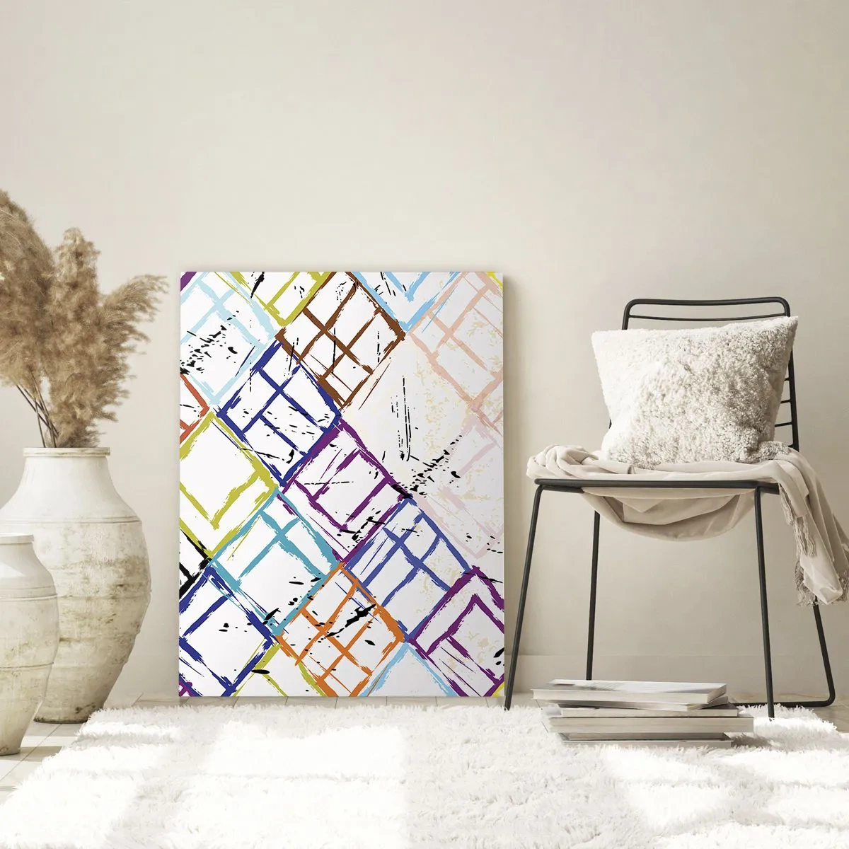 Glasbild - Bild auf glas - Abstraktes Muster mit bunten Rauten - 50x70cm - Zellen zu vermieten - Moderne Wanddekoration für Wohnzimmer und Schlafzimmer ARTTOR