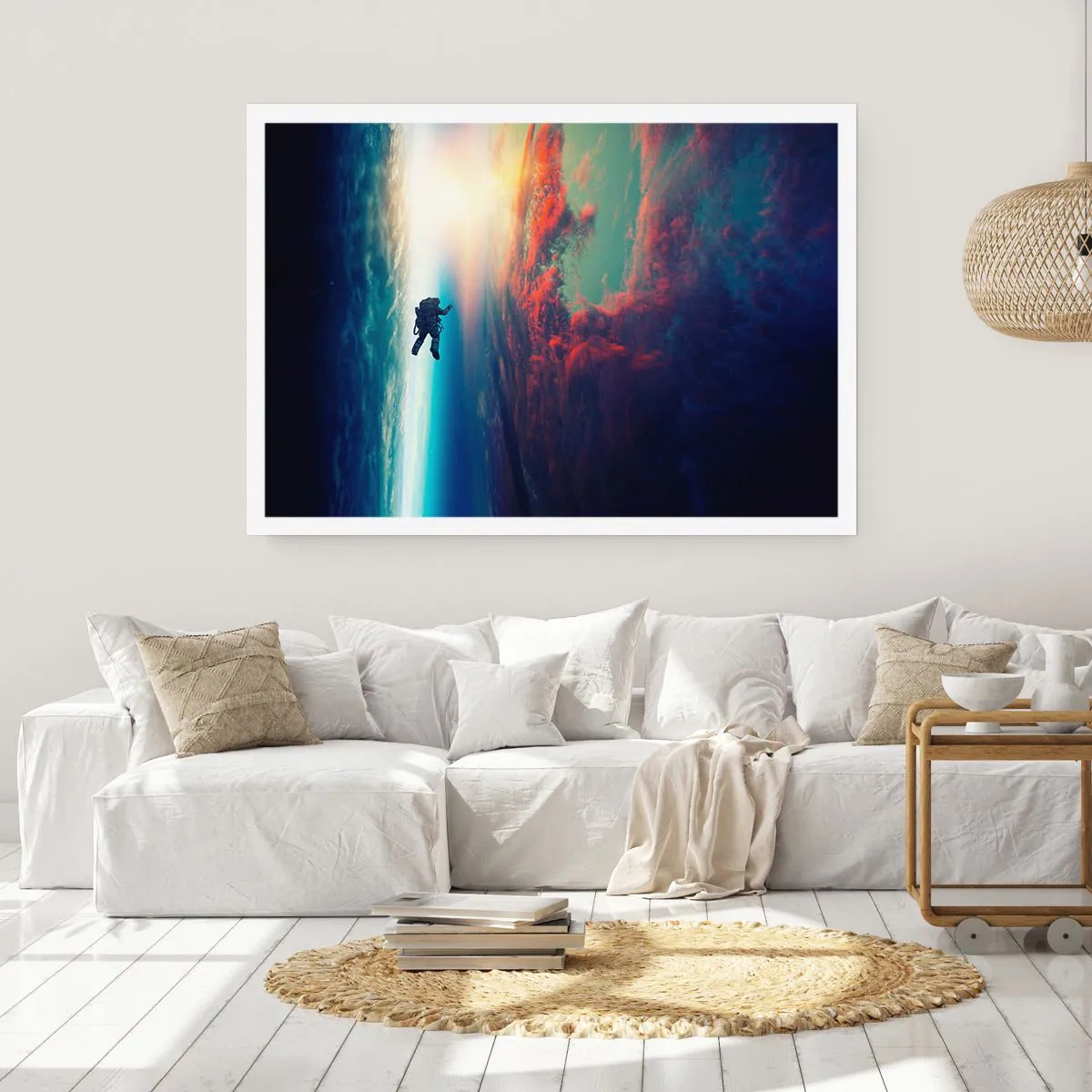 Poster - Ein Astronaut schwebt im Weltraum über einer bunten Erde - 100x70cm - Sich dem Universum stellen - Moderne Wanddekoration für Wohnzimmer und Schlafzimmer ARTTOR