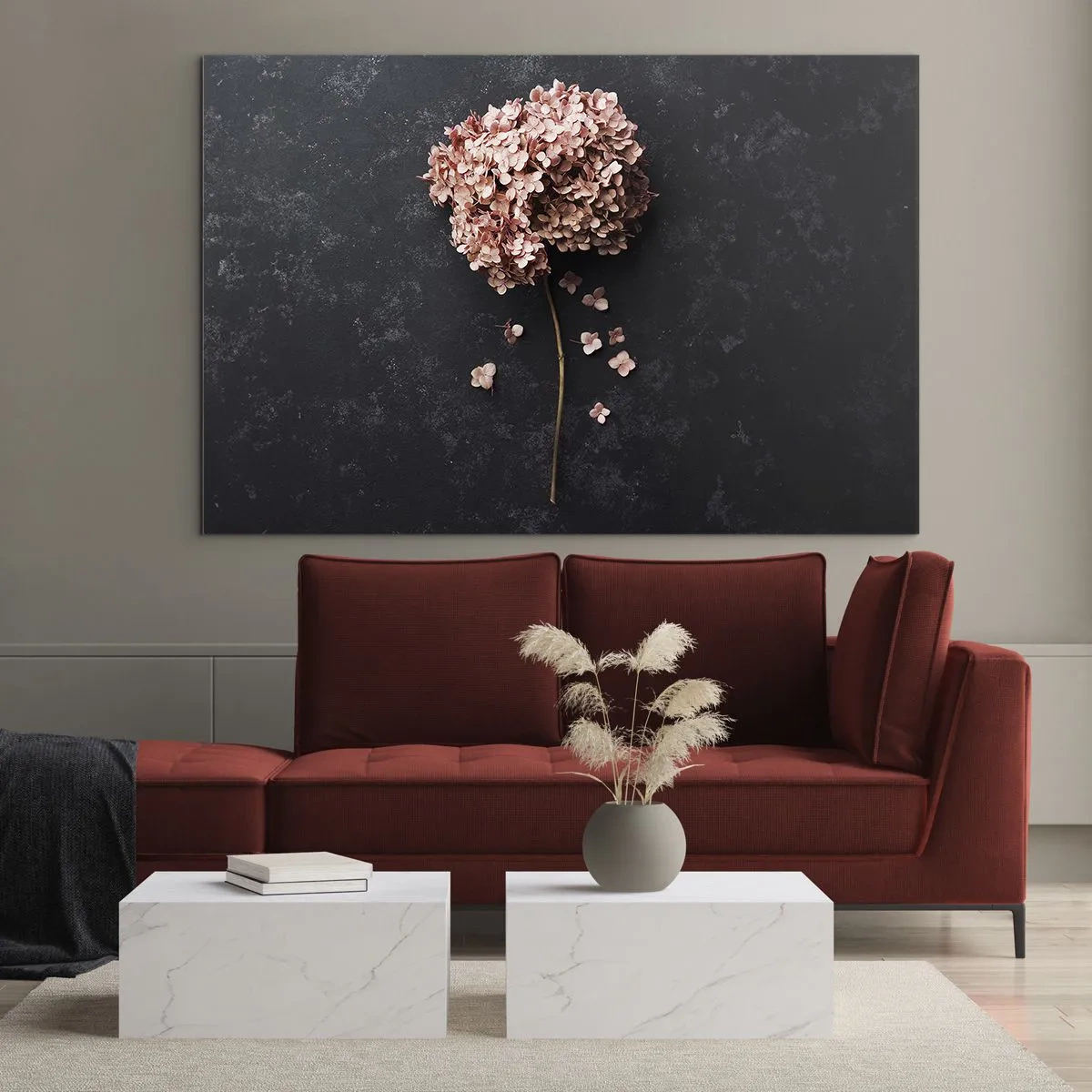 Glasbild - Bild auf glas - Trockene Hortensie mit verstreuten Blütenblättern auf dunklem Hintergrund - 70x50cm - Wirklich romantisches Zeichen - Moderne Wanddekoration für Wohnzimmer und Schlafzimmer ARTTOR