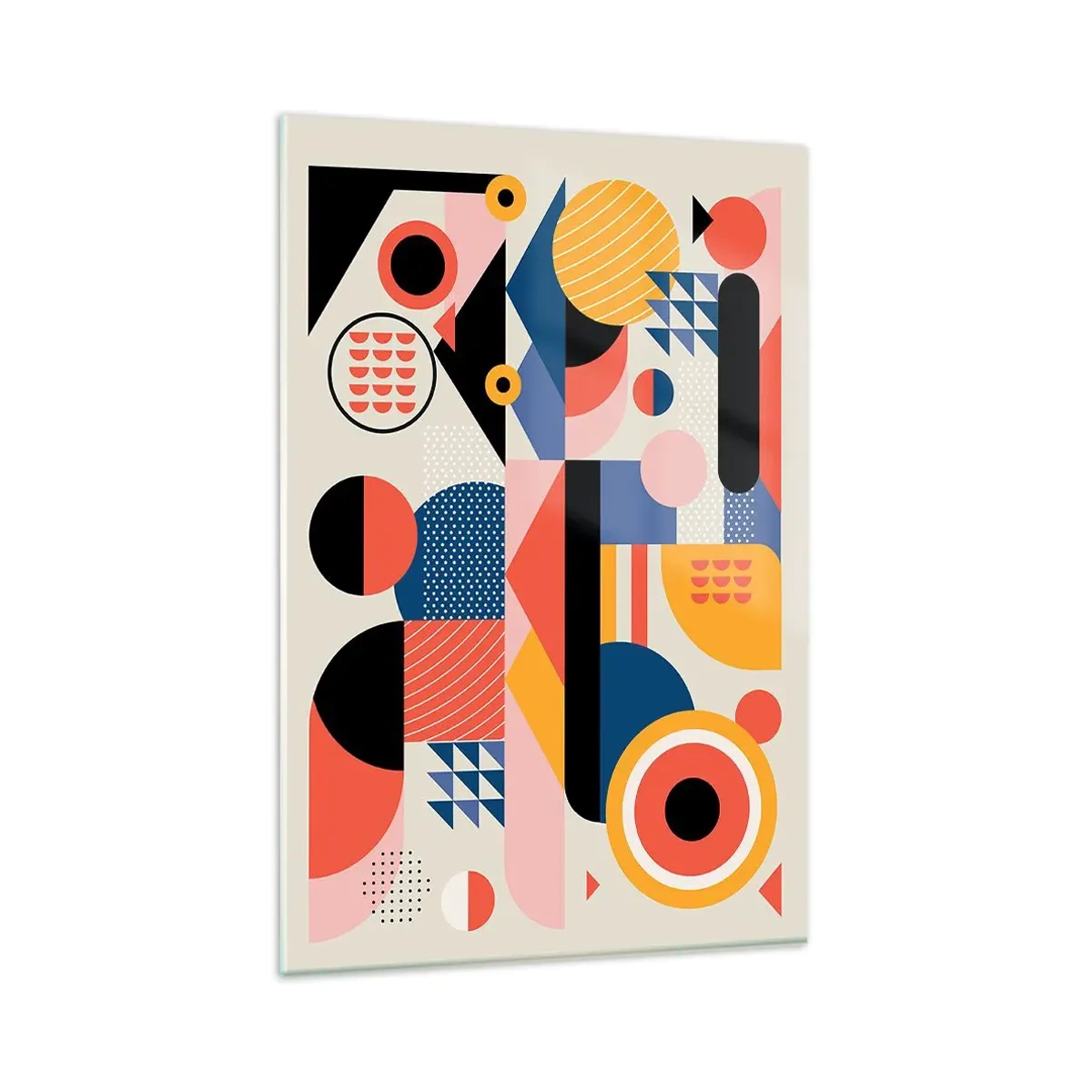 Glasbild - Bild auf glas - Bunte geometrische Formen im Retro-Stil - 80x120cm - Komposition: Na, los, spiel! - Moderne Wanddekoration für Wohnzimmer und Schlafzimmer ARTTOR