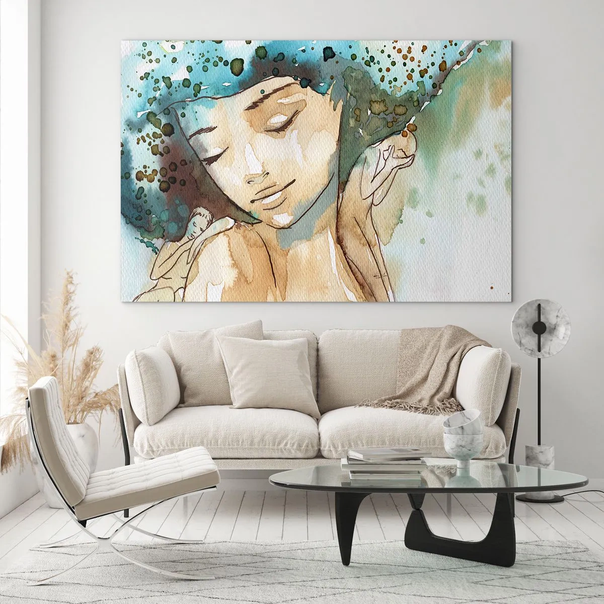Glasbild - Bild auf glas - Aquarellporträt einer Frau mit geschlossenen Augen - 100x70cm - Dame in Blau - Moderne Wanddekoration für Wohnzimmer und Schlafzimmer ARTTOR