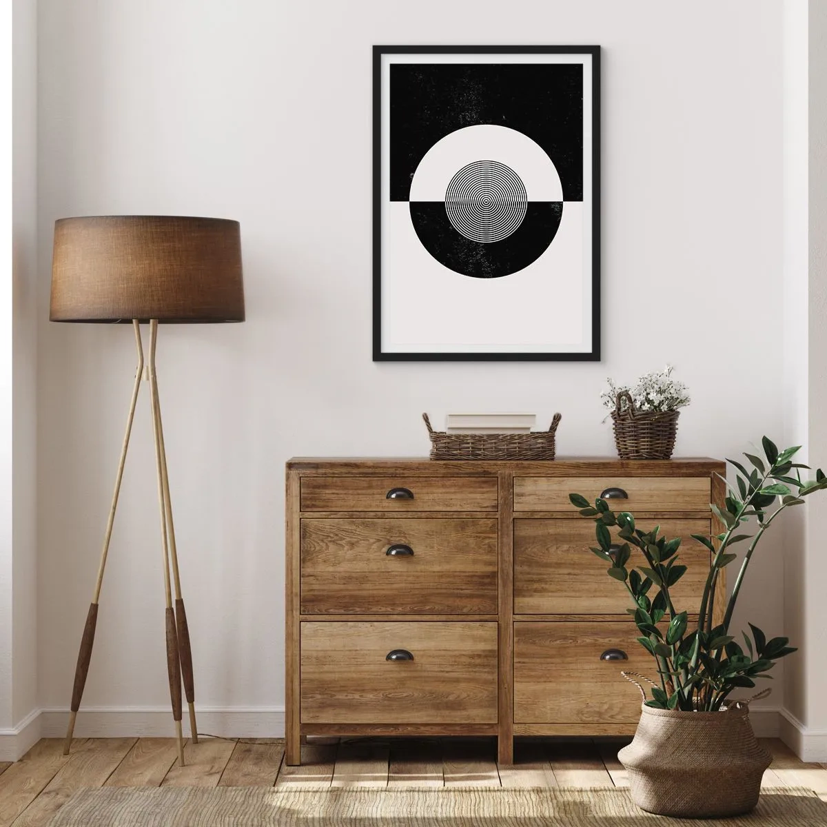 Poster in einem schwarzem Rahmen - Geometrisches Muster in Schwarz und Weiß mit einem konzentrischen Kreis - 50x70cm - Harmonie in Schwarz und Weiß - Moderne Wanddekoration für Wohnzimmer und Schlafzimmer ARTTOR