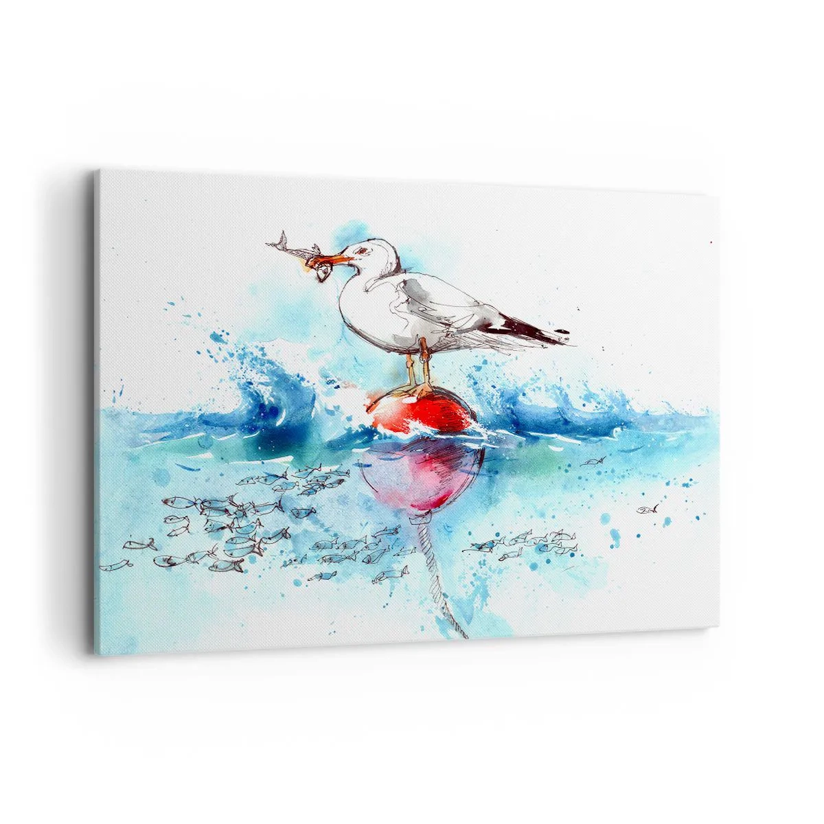 Bild auf Leinwand - Leinwandbild - Möwe auf einer Boje mit Fischen im Hintergrund im Aquarellstil - 120x80cm - Erfolgreicher Fang - Moderne Wanddekoration für Wohnzimmer und Schlafzimmer ARTTOR