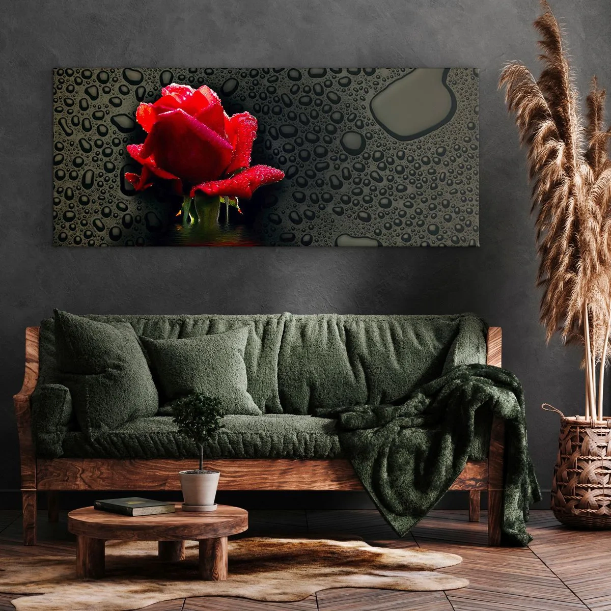 Bild auf Leinwand - Leinwandbild - Rote Rose mit Wassertropfen auf dunklem Hintergrund - 120x50cm - rot und Schwarz - Moderne Wanddekoration für Wohnzimmer und Schlafzimmer ARTTOR