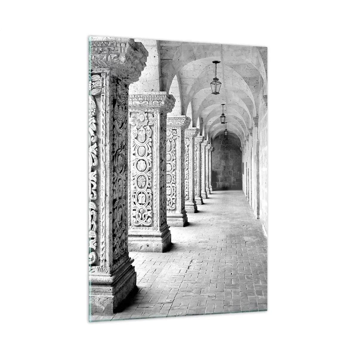 Glasbild - Bild auf glas - Historischer Kreuzgang mit geschnitzten Säulen - 50x70cm - Und wo geht’s hin...? - Moderne Wanddekoration für Wohnzimmer und Schlafzimmer ARTTOR