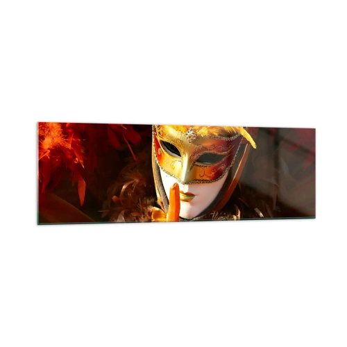 Glasbild - Bild auf glas - Karnevalsmaske in Gold- und Orangetönen - 160x50cm - Geheimnis ist Teil des Spiels - Moderne Wanddekoration für Wohnzimmer und Schlafzimmer ARTTOR